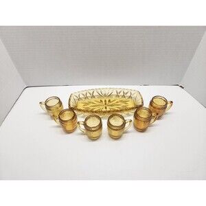 6 Amber Glass Mini Beer Barrel Mug Toothpick Holder Shot Glasses 2.5" with Tray
